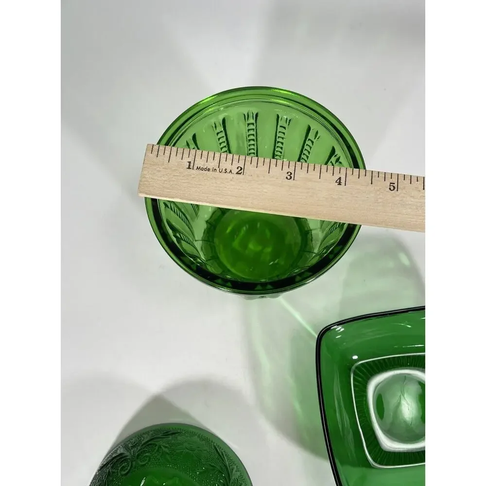 Lot Of 3 - Vintage Anchor‎ Hocking Forest Green Sauce Bowl + Dessert Bowl + Vase